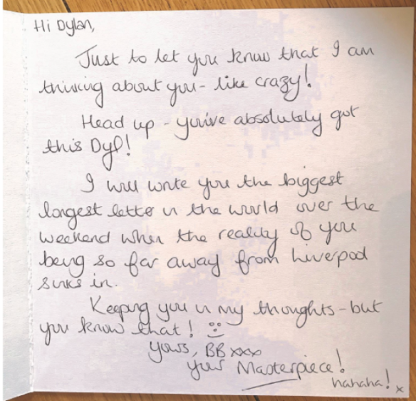 A handwritten letter to Dylan from "BB xxx your Masterpiece!"