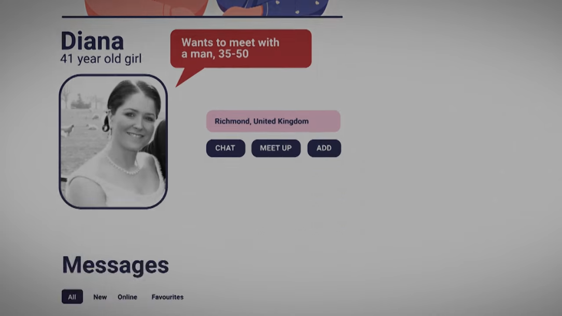 Illustration of a dating profile for "Diana, 41 year old girl" who "Wants to meet with a man, 35-50" in "Richmond, United Kingdom."