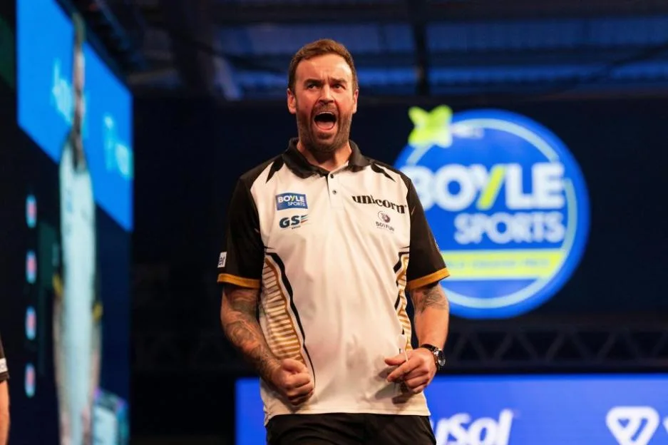 Ross Smith celebrates winning a leg during the World Grand Prix at Mattioli Arena.