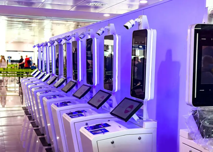 Row of self-service check-in kiosks at an airport, bathed in purple light.