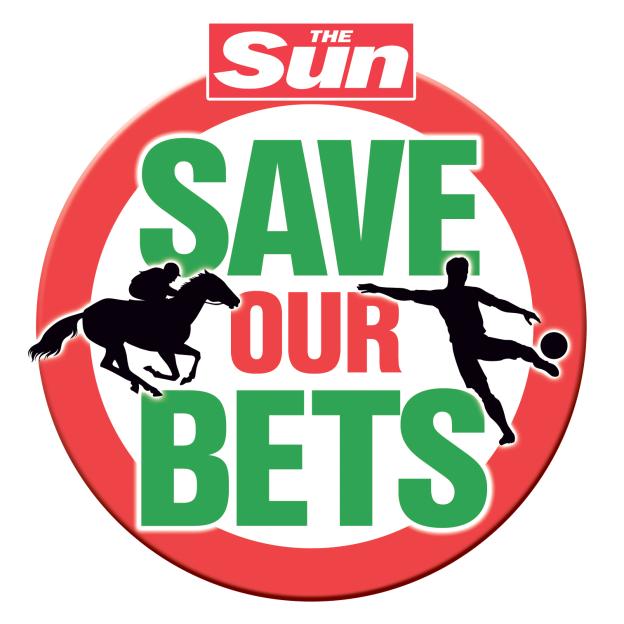 Illustration of The Sun newspaper's "Save Our Bets" logo with a jockey on a racehorse and a football player.