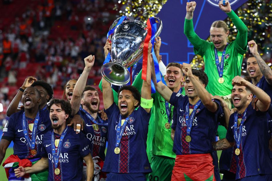 BUDAPEST, HUNGARY - 30th May 2026: Marquinhos of PSG lifts the trophy and celebrates with team mates after the UEFA Champions League Final match between Paris Saint-Germain and Arsenal FC at the Puskas Arena (Credit: Craig Mercer/ Alamy Live News