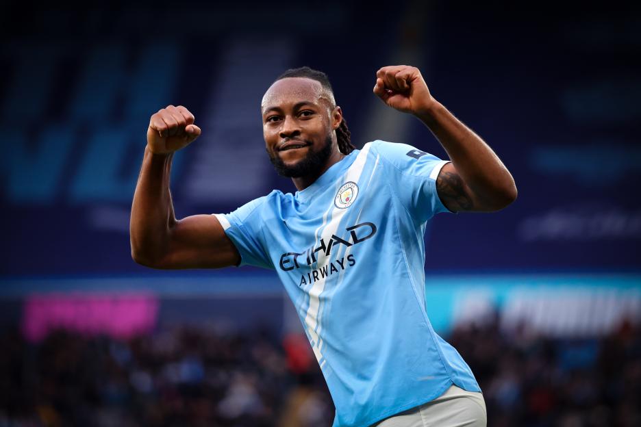 Antoine Semenyo of Manchester City celebrates scoring a goal.