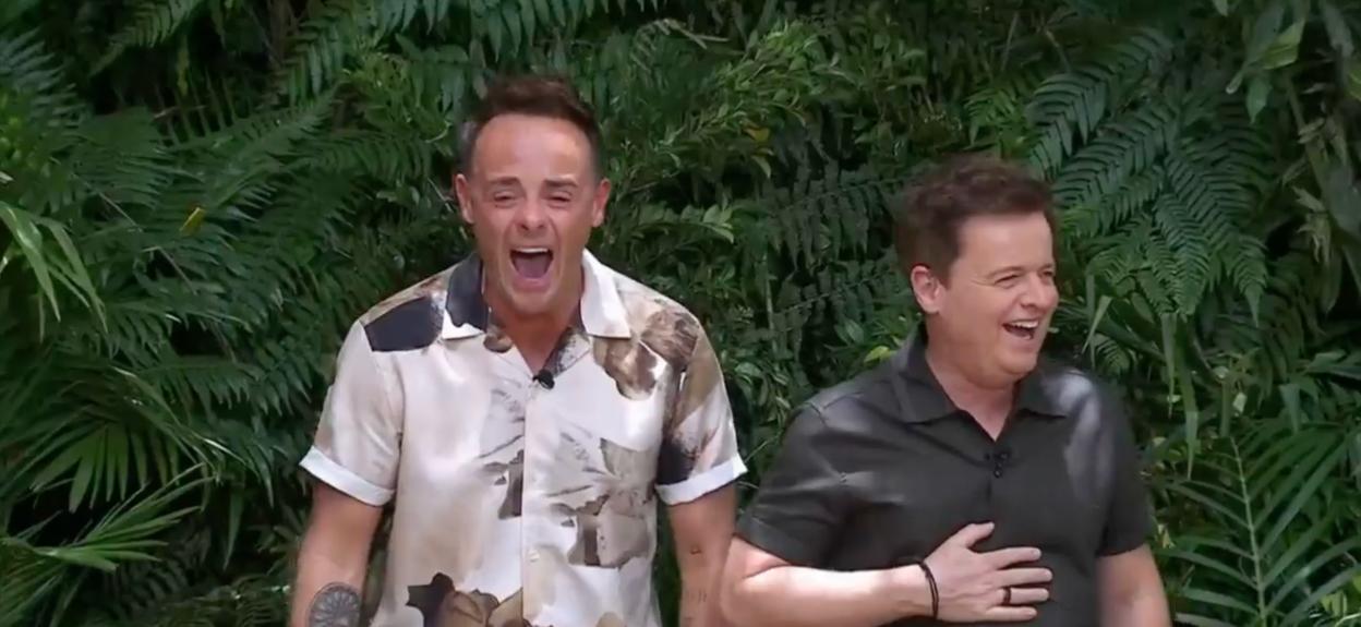 Ant and Dec laughing in a jungle setting.