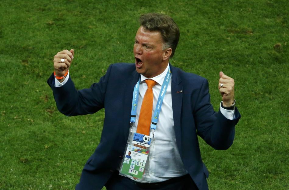 Netherlands coach van Gaal reacts in the sidelines during the 2014 World Cup third-place playoff between Brazil and Netherlands in Brasilia