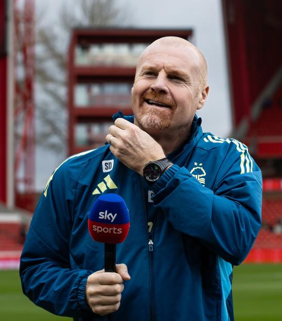 Nottingham Forest manager Sean Dyche speaks into a Sky Sports microphone.