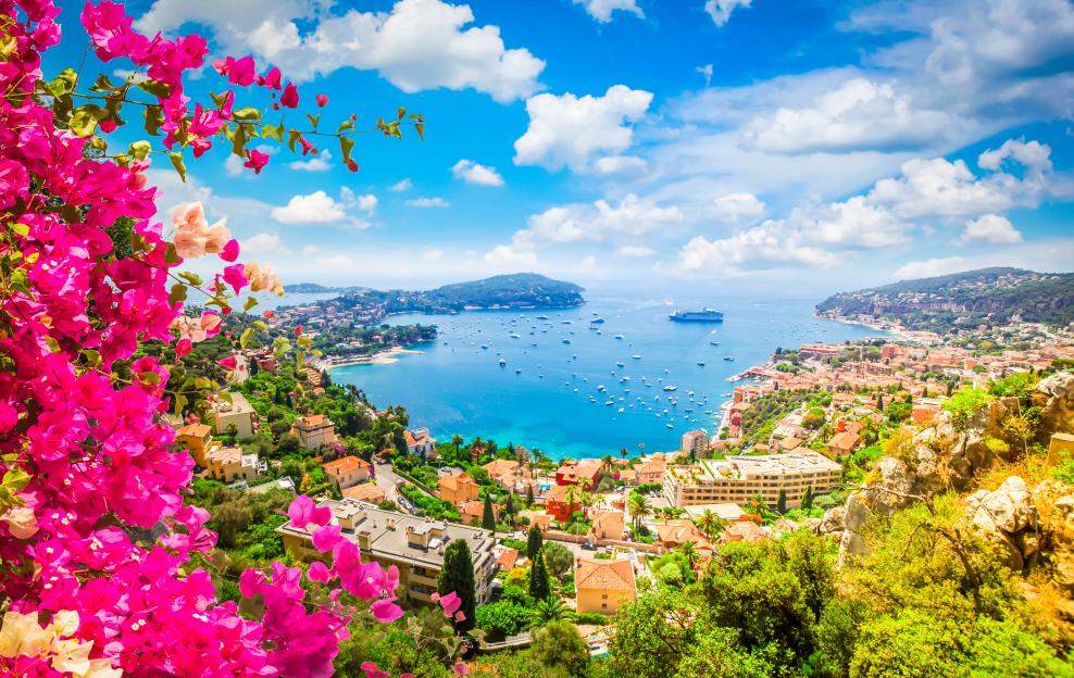 View of the French Riviera coast from above, with pink bougainvillea in the foreground, showing turquoise water dotted with yachts and a coastline filled with towns and villas under a blue sky with white clouds.