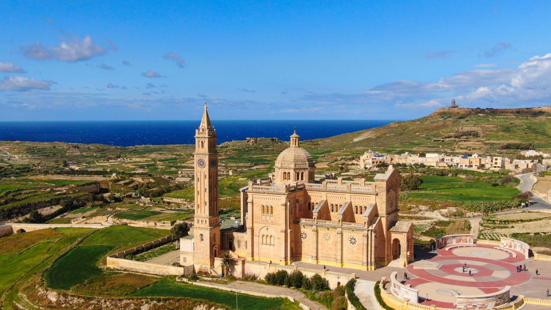 Aerial view of Ta' Pinu church on Gozo island, Malta.