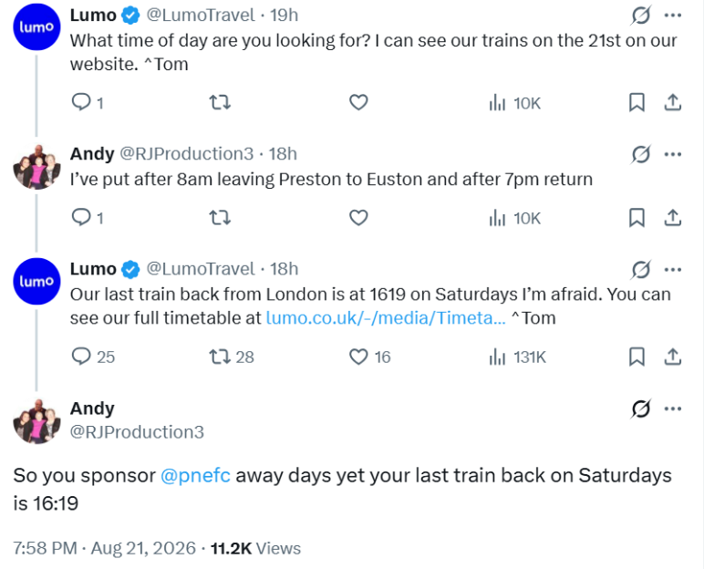 A Twitter conversation between LumoTravel and Andy about train times and sponsorship.