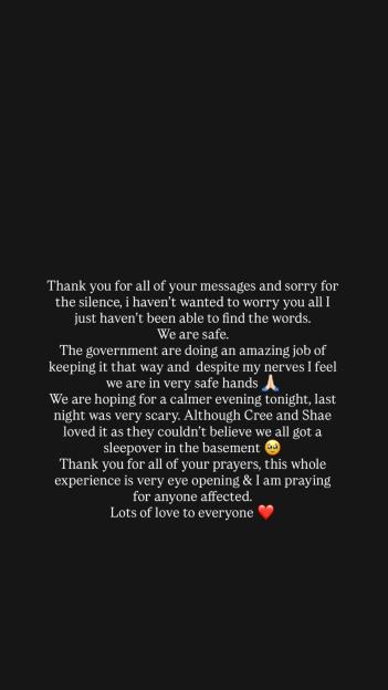 Kate Ferdinand's message about missile strikes in Dubai, assuring her and her family are safe.