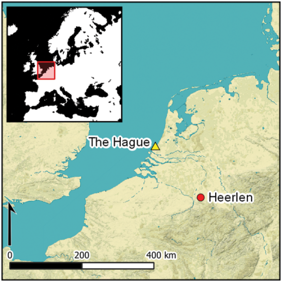 Illustration of the Netherlands, showing the location of The Hague and Heerlen, with an inset of Europe highlighting the region.