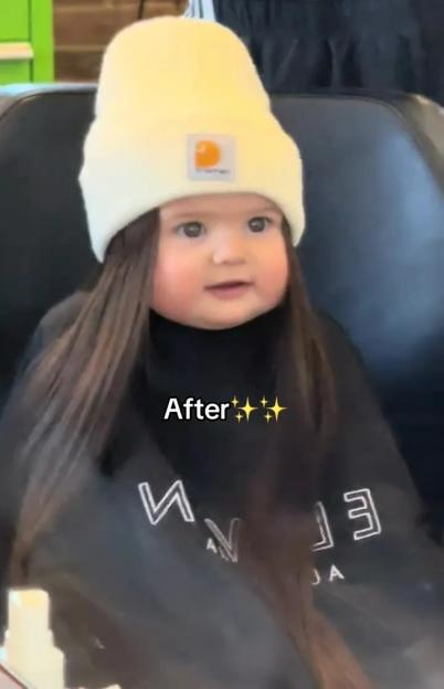A baby wearing a white beanie and hair extensions with "After✨✨" written on the image.