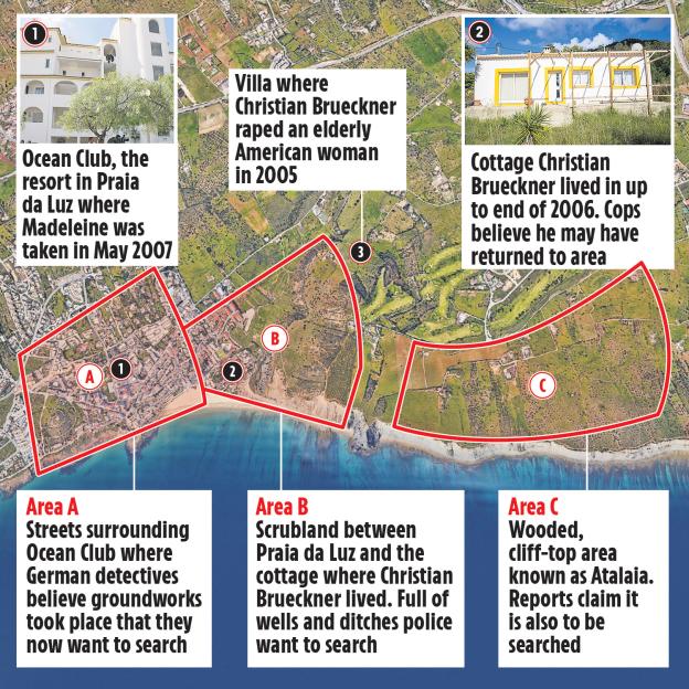 Illustration of a map highlighting three search areas related to a missing person investigation.