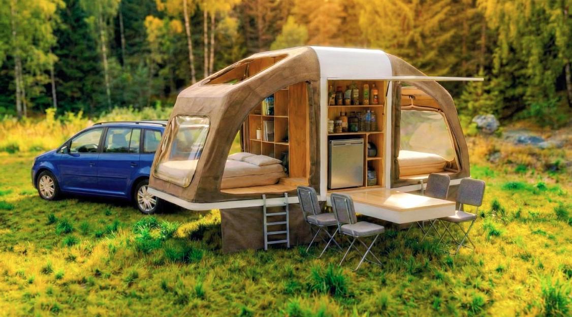 An expandable home tent, connected to the back of a blue car, set up in a field with trees in the background.