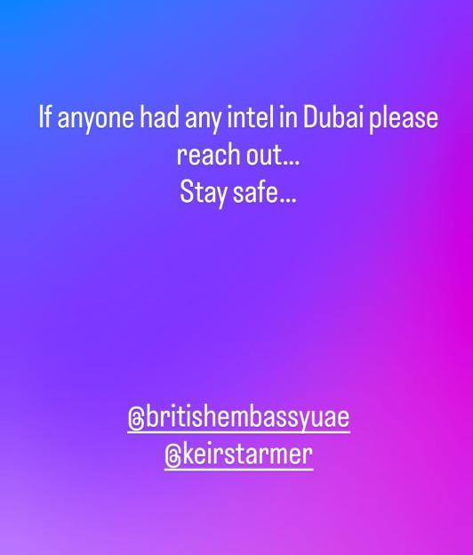 Instagram story by Jonny Bairstow asking for help in Dubai and tagging @britishembassyuae and @keirstarmer.