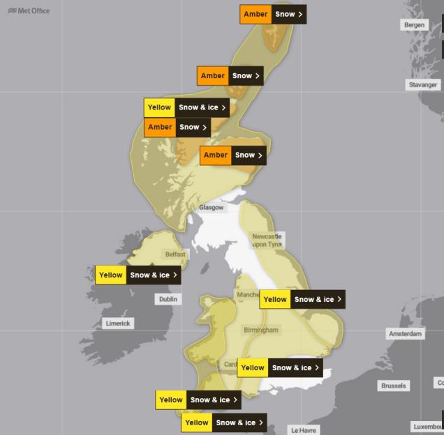 Met Office weather warning map for the UK with amber warnings for snow in Scotland and northern England, and yellow warnings for snow and ice across most of the rest of the UK.