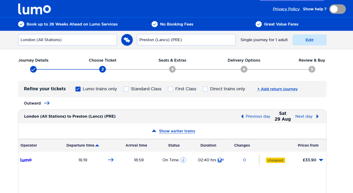 Lumo train ticket booking interface displaying a single journey from London to Preston on August 29th for £33.90.