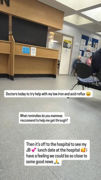 A photo of a medical waiting room with text overlays from Sophie Kasaei about seeking medical help for low iron and acid reflux, and then visiting her fiancé Jordan Brook in the hospital.
