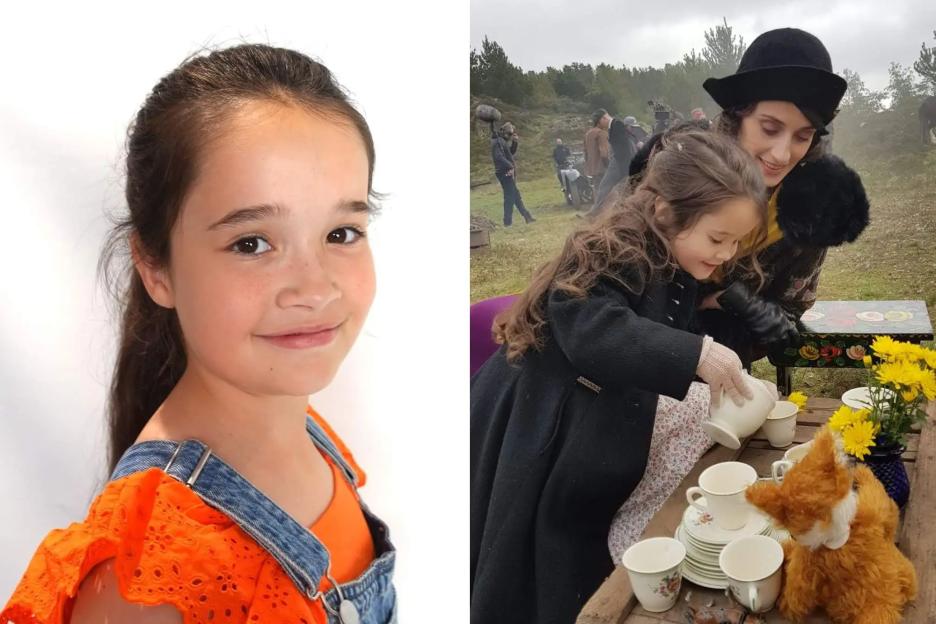 An image collage containing 2 images, Image 1 shows Headshot of Heaven Leigh, who played Ruby Shelby in Series 5 of Peaky Blinders, Image 2 shows Heaven Leigh and Natasha O'Keeffe playing with a toy tea set on the set of Peaky Blinders