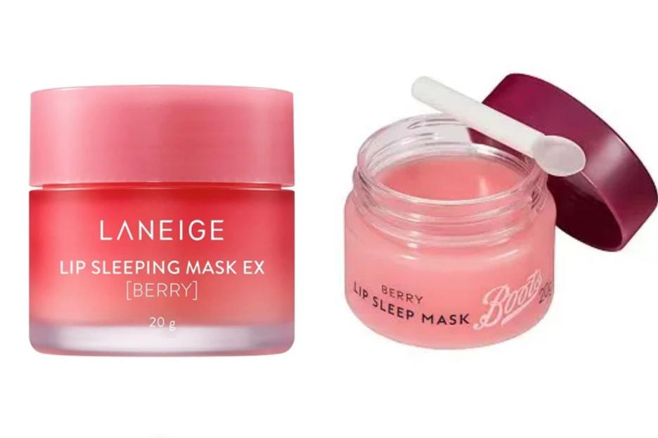 An image collage containing 2 images, Image 1 shows LANEIGE Lip Sleeping Mask EX [BERRY] 20g jar, Image 2 shows Boots Berry Lip Sleep Mask in a clear jar with a white applicator spoon