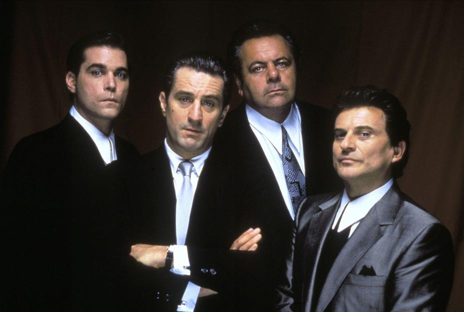 Promotional image of actors Ray Liotta, Robert De Niro, Paul Sorvino, and Joe Pesci from the movie Goodfellas.