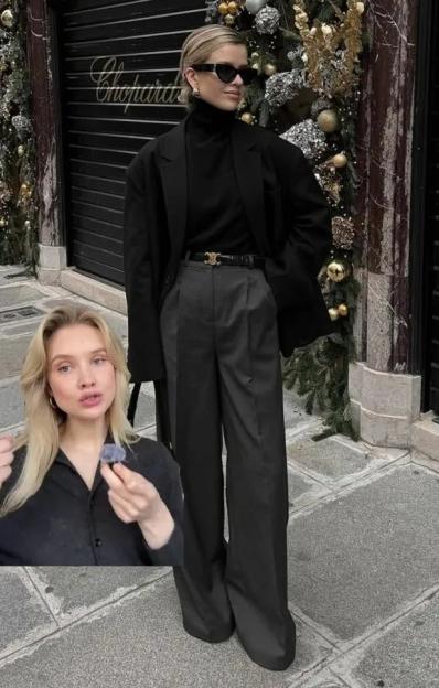 Collage of a woman posing in a black outfit next to a festive Chopard store and a close-up of a woman's face holding a small microphone.