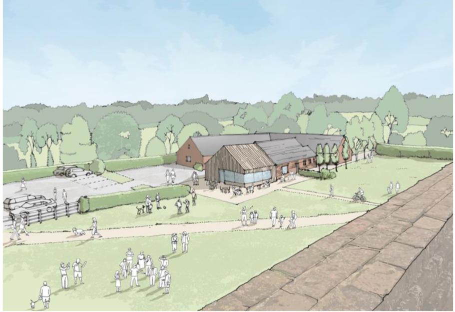 Illustration of the proposed Moira Furnace Visitor Experience improvement programme, showing a cafe, playground, and various people.
