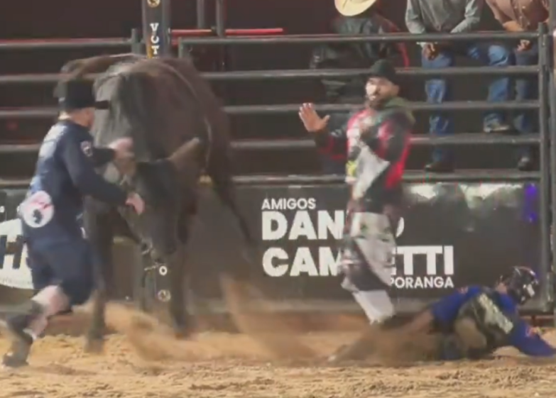 Three bullfighters in an arena with a bull, one grabbing the bull and another fallen on the ground as the third waves at the bull.