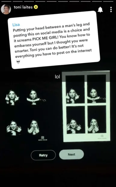 A screenshot of a social media story featuring a critical message directed at Toni Laites, alongside a photo strip of her making various gestures.