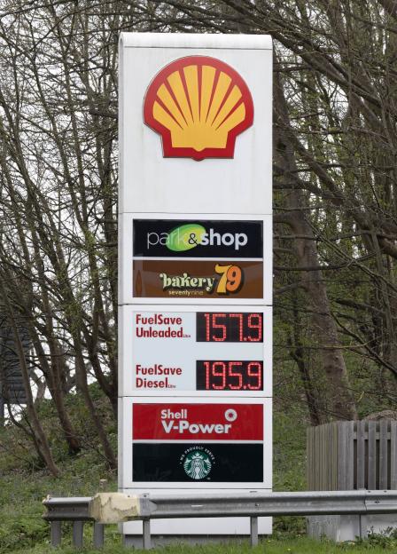 A Shell petrol station sign in Wrotham Heath, Kent, showing diesel at 195.9 a litre and unleaded at 157.9 a litre.