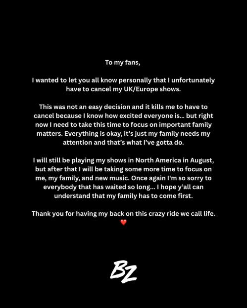 A statement from Bailey Zimmerman announcing the cancellation of his UK and European tour dates due to family matters.