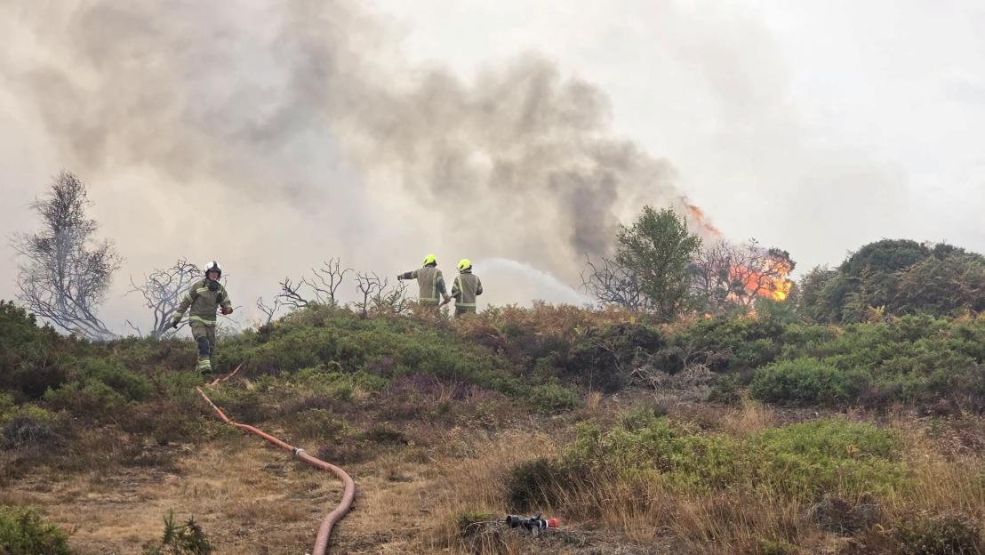 Firefighters extinguish a wildfire in Suffolk.