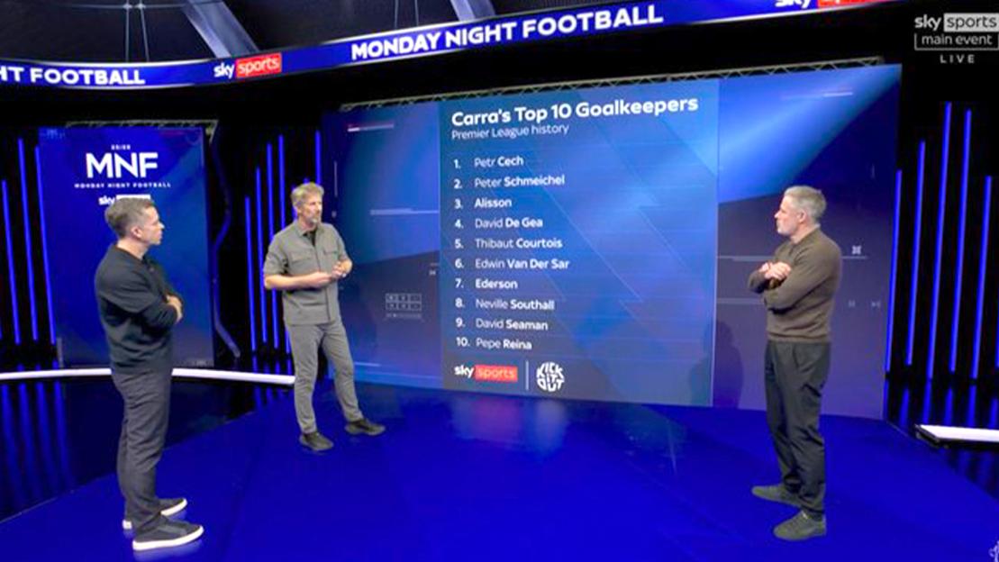 Three men stand in a studio in front of a screen displaying "Carra's Top 10 Goalkeepers Premier League history" with a ranked list of goalkeepers.