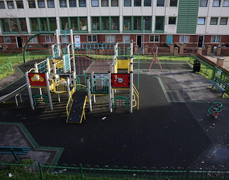 A brightly colored playground in a residential area of Stockport.