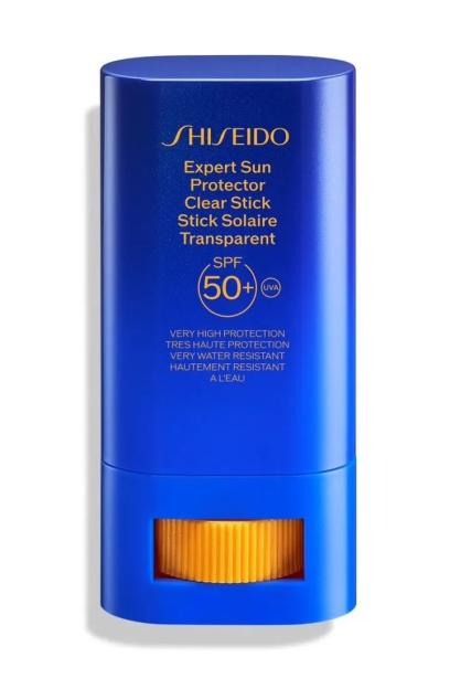 Shiseido Expert Sun Protector Clear Suncare Stick SPF50+ in blue packaging with an orange base.
