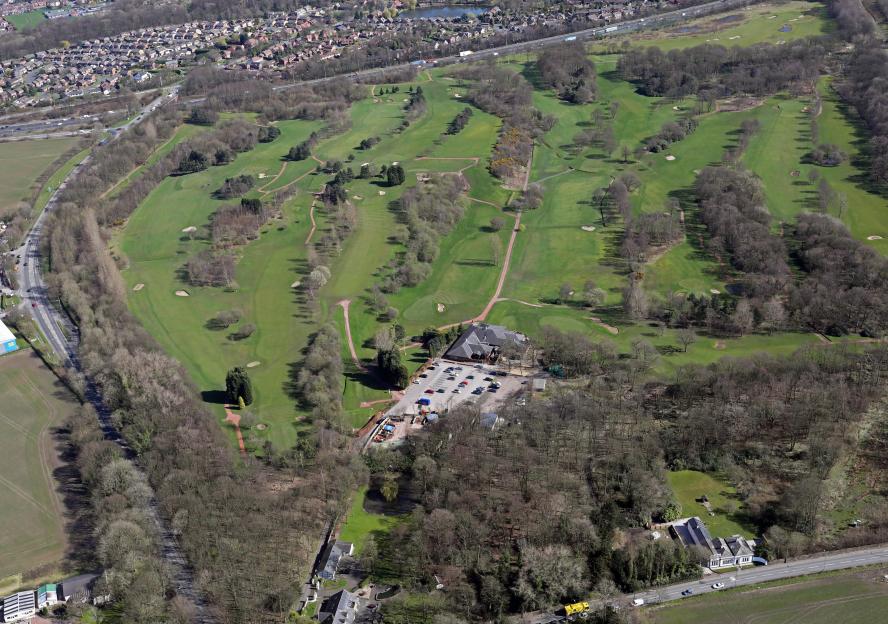 Aerial view of Ashton in Makerfield golf club course in Lancashire, UK.