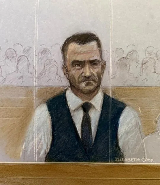 Illustration of Tommy Robinson in the dock at Southwark Crown Court.