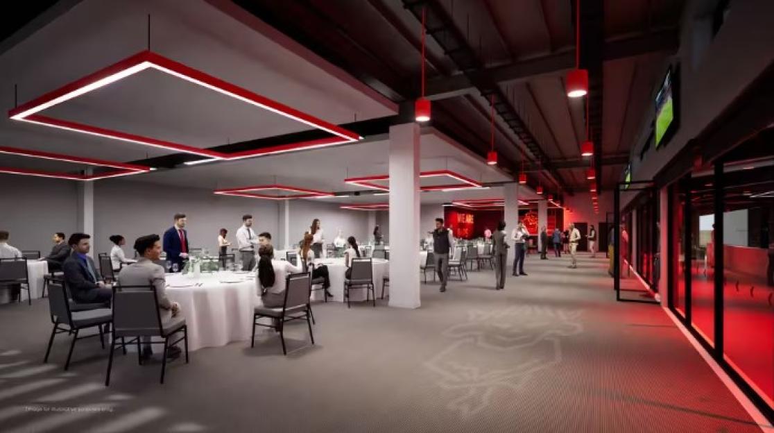 Illustration of the Lincoln City new stadium hospitality area with people mingling and seated at tables.