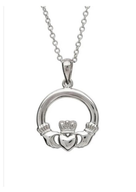Silver Claddagh pendant on a chain.