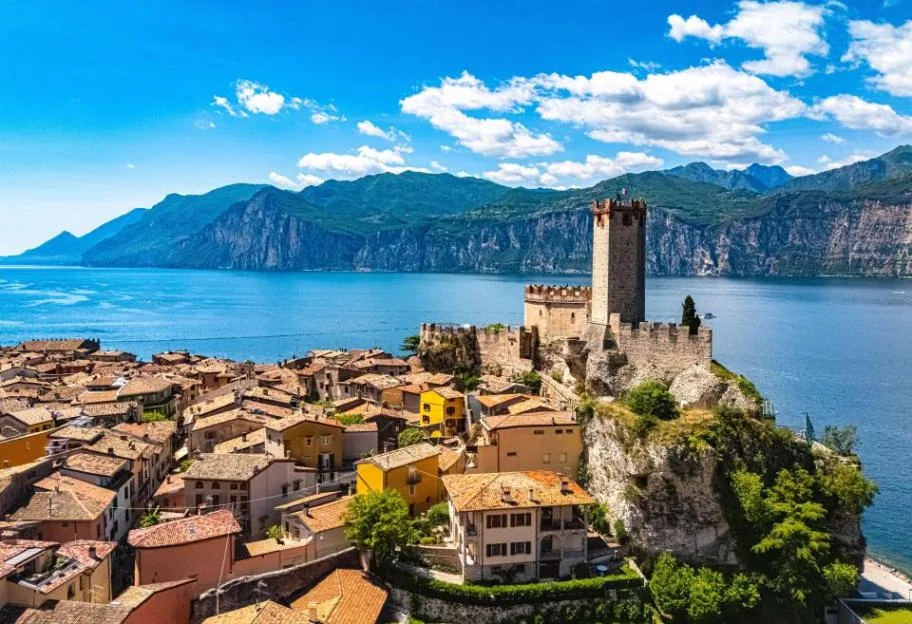 Aerial view of Malcesine on the shore of Lake Garda in the Province of Verona, Italy.