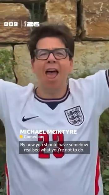 Comedian Michael McIntyre in an England World Cup shirt, singing in a BBC World Cup music video.