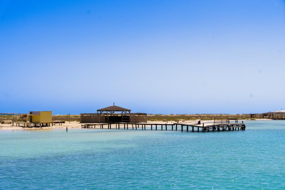 Marina on island at Tunisia and blue sky in background