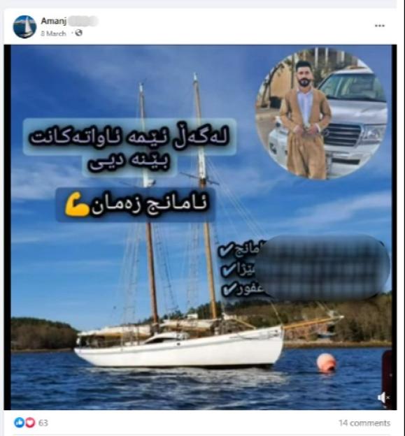 Social media post advertising a smuggling service with a photo of a boat and a man.