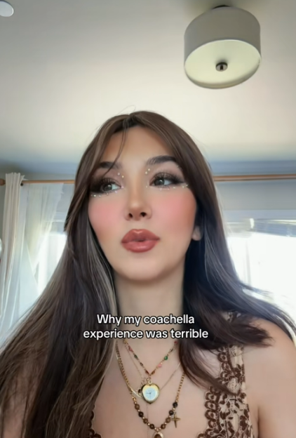 A woman with elaborate makeup, including gems near her eyes, is shown with text overlayed that reads "Why my Coachella experience was terrible."
