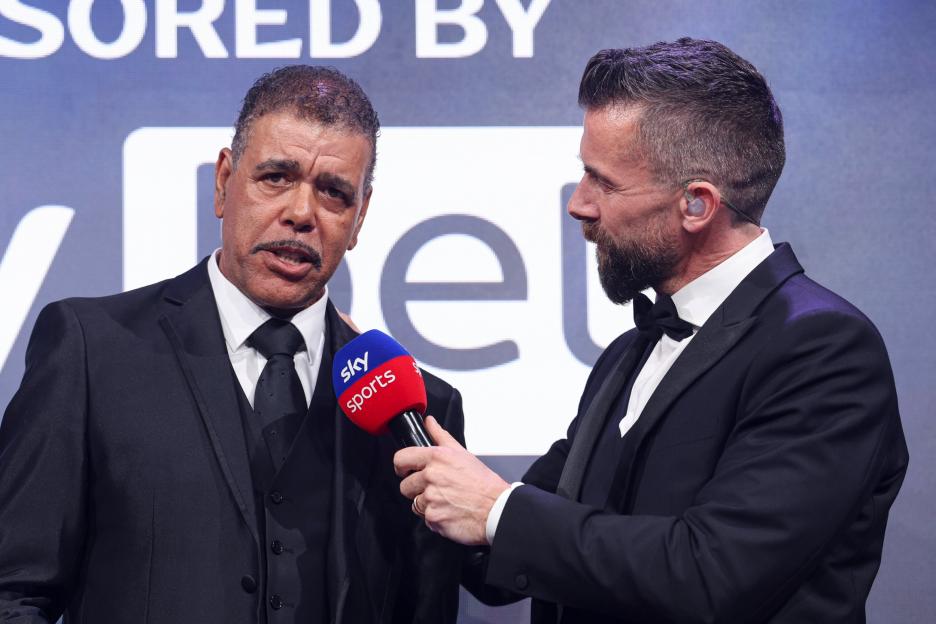Former English professional footballer Chris Kamara being interviewed at the EFL Awards.