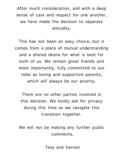 Text on a white background announcing Tess and Vernon's amicable separation.