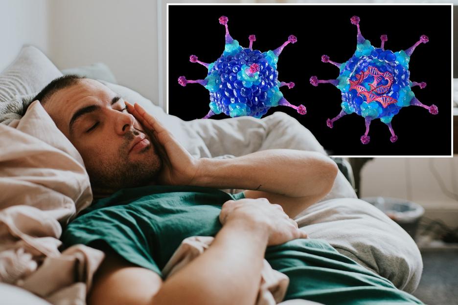 Collage of a man with his eyes closed lying on a bed with his hand to his head, and an illustration of two Adenoviruses.