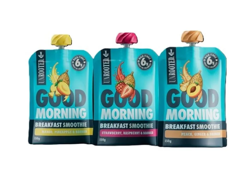 Three pouches of Unrooted Good Morning Breakfast Smoothies in Mango, Pineapple & Baobab, Strawberry, Raspberry & Baobab, and Peach, Ginger & Baobab flavors.