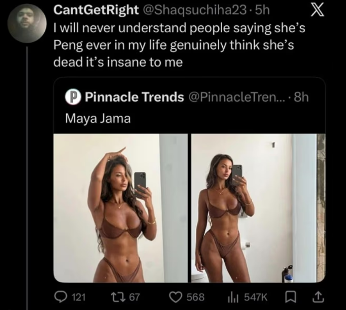A screenshot of a tweet from "Pinnacle Trends" showing two mirror selfies of Maya Jama in a brown bikini, with a quote tweet from "@Shaqsuchiha23" criticizing her appearance.