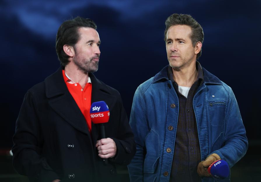 Rob McElhenney and Ryan Reynolds being interviewed on Sky Sports.